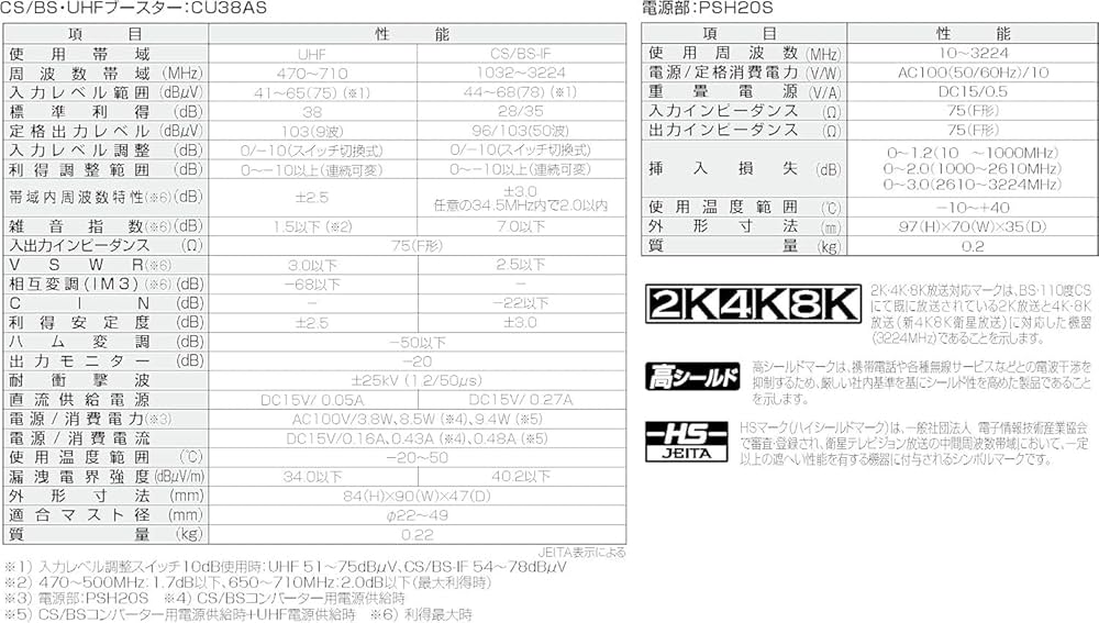 CS/BS-IF・UHF　ブースター CU38AS 【CU43AS後継】 DXアンテナ CU38AS CS／BS-IF・UHFブースター（CU43AS後継・利得